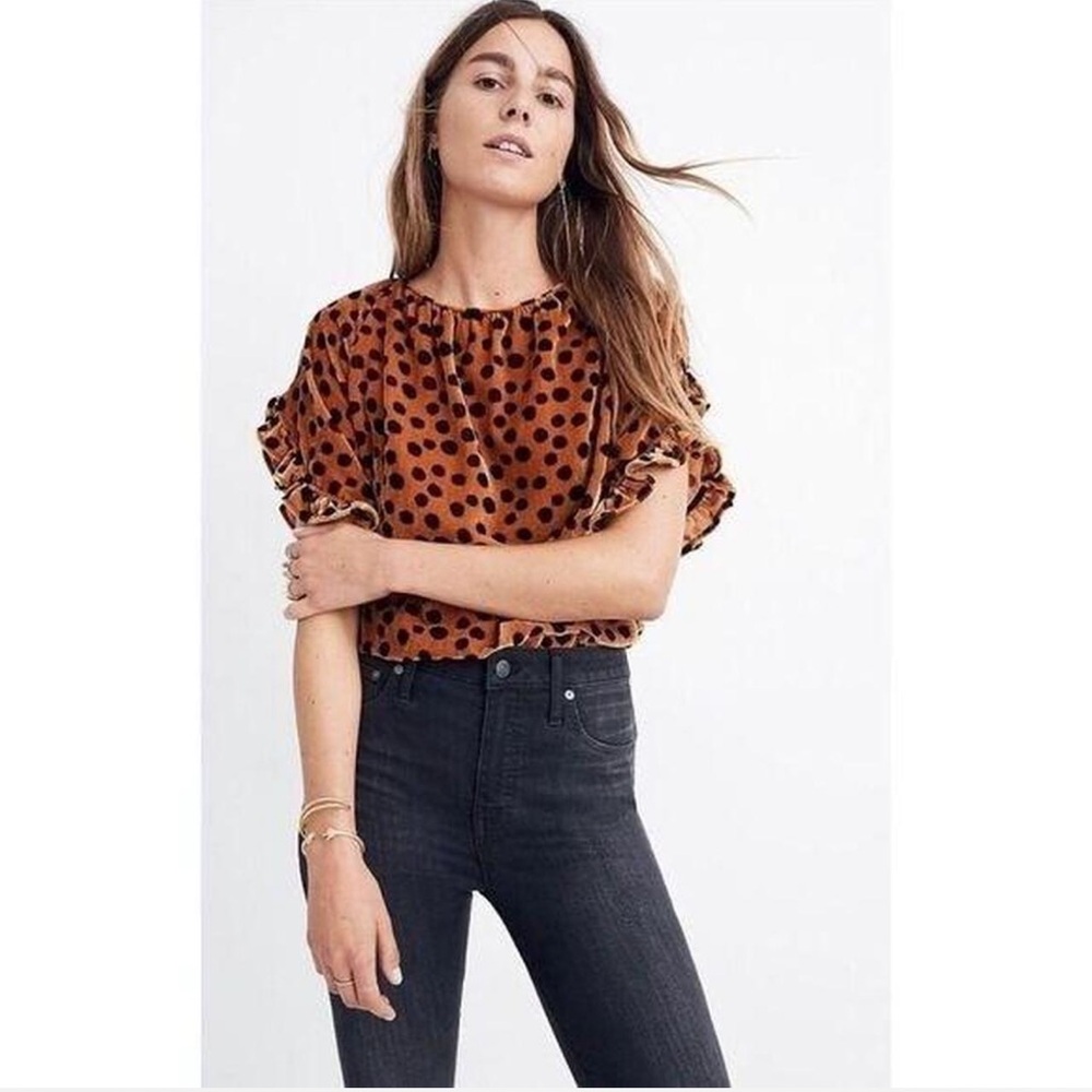 Madewell Velvet Memento Leopard Dot Ruffle Sleeve Top XL Burnt Orange Brown